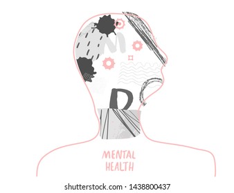 Mental health concept. Human head with gears and collage decoration. Vector illustration.