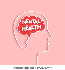 Mental Health Concept. Human Head And Brain Silhouette As Healthy Mind, Good Mental Hygiene And Wellbeing Symbol. Person And Profile Face Outline In Papercut Art. Word Lettering Typography.