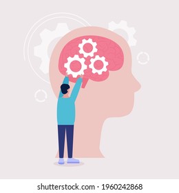 Mental health concept. Idea brainstorming concept. Man holds a big gear near big brain. Vector illustration in a flat style.