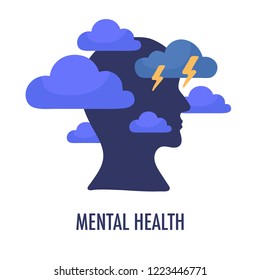 Mental health concept illustration. Head silhouette icon with clouds and lightning. Depressive state of mind,anger, bad mood, OCD. Psychology and psychiatry sign logo. Vector isolated on white