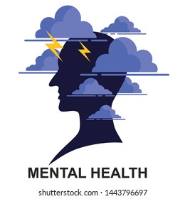 Mental health concept illustration. Head silhouette icon with clouds and lightning. Depressive state of mind,anger, bad mood, OCD. Psychology and psychiatry sign logo. Vector illustration