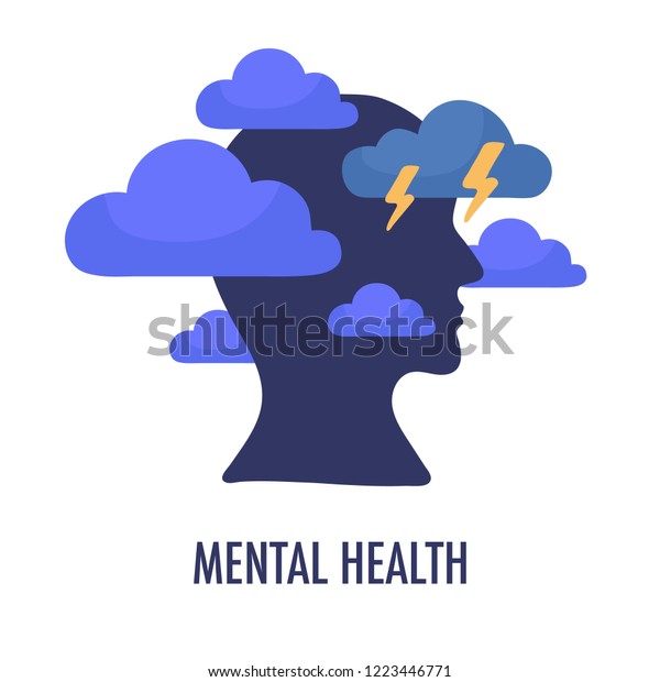 メンタルヘルスのコンセプトイラスト 雲と稲妻を持つ頭のシルエットアイコン 憂鬱な心 怒り 気分悪さ Ocd 心理学と精神医学のサインロゴ 白い背景にベクター画像 のベクター画像素材 ロイヤリティフリー