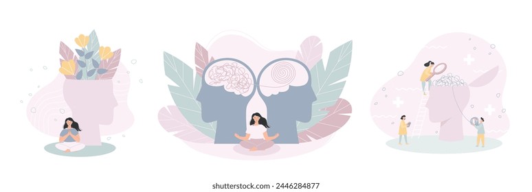 Conjunto de ilustraciones de conceptos de salud mental. Siluetas de cabeza humana. La psicoterapia ayuda a superar el estrés. Ilustración vectorial de estilo plano moderno