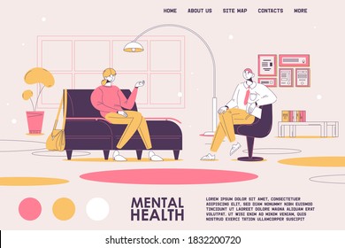 Mental health concept landing page header. Man psychotherapist on therapy session with woman talking about problems. Outline style illustration in pink and yellow