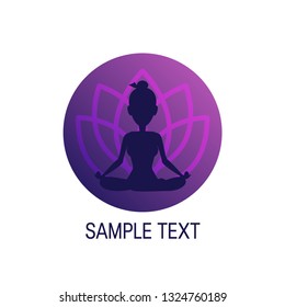 Mental health concept. Logo template with meditating woman and lotus flower. Vector illustration in flat style.