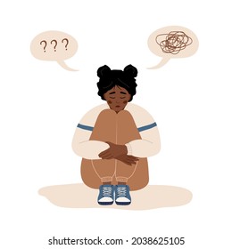 Mental health concept. Lonely african woman sitting on floor and hugging knees. Depressed teenager needs psychological help. Mood disorder. Vector illustration in cartoon style.