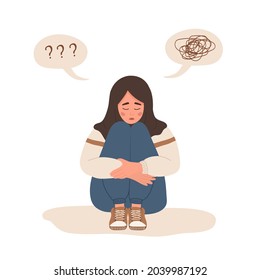 Mental health concept. Lonely muslim woman sitting on floor and hugging knees. Depressed teenager needs psychological help. Mood disorder. Vector illustration in cartoon style.