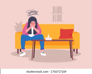 Mental health concept. A lonely woman sitting on a couch in the office of a psychoanalyst. Young depressed female character holding his head. Cloud of sad thoughts. Flat vector illustration.