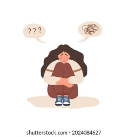 Mental health concept. Lonely woman sitting on floor and hugging knees. Depressed teenager needs psychological help. Mood disorder. Vector illustration in cartoon style.