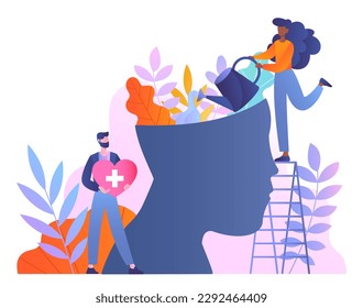 Mental health concept. Man with heart in hands and woman with watering can near abstract silhouette of head with plants. Psychological help and support, mindfulness. Cartoon flat vector illustration