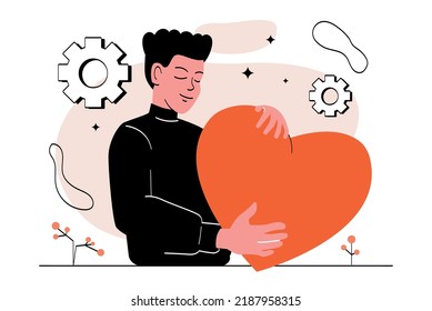 Mental health concept. Man holding big red heart. Psychology and awareness, control of feelings and emotions. Positivity and optimism. Inner balance and peace. Cartoon flat vector illustration