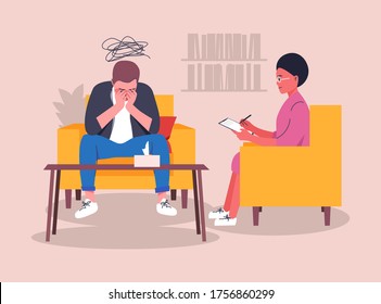 Mental health concept. Man sitting on an armchair in the office of a psychoanalyst. Young depressed male character holding his head and speaking with psychoanalyst. Cloud of sad thoughts. Flat vector 