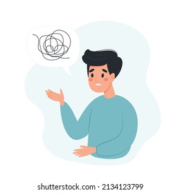 Mental health concept - man talking to about his problems, confused thoughts. Vector illustration in flat style