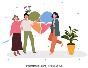 Mental health concept man walk with girlfriend waving hand other women background of pieces puzzle flower modern flat cartoon style.