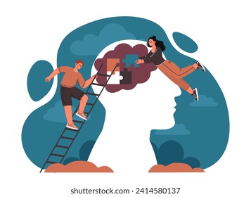 Mental health concept. Man and woman near abstract silhouette of head. Psychology and behavior. Awareness and mindfullness. Mood, emotions and feelings. Cartoon flat vector illustration