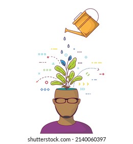 Mental health concept. Man's head with flower growing, and full of thoughts. Black man and ideas from head. Watering Can watering flower grow inside people head. Psychology and mindset concept.
