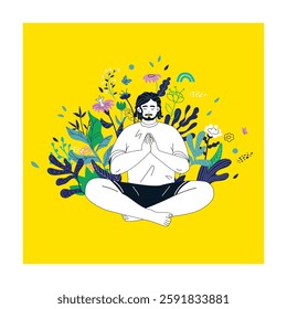 Mental health concept with meditates man. Young man doing breathing exercise, takes care of her mental well-being. Awareness, mindfulness and No stress. For flyer, banner, social media post, ads	
