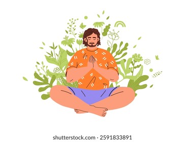 Mental health concept with meditates man. Young man doing breathing exercise, takes care of her mental well-being. Awareness, mindfulness and No stress. For flyer, banner, social media post, ads	
