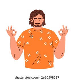 Mental health concept with meditates man. Young man doing breathing exercise, takes care of her mental well-being. Awareness, mindfulness and No stress. For flyer, banner, social media post, ads