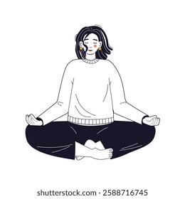 Mental health concept with meditates woman. Young girl doing breathing exercise, takes care of her mental well-being. Awareness, mindfulness and No stress. For flyer, banner, social media post, ads