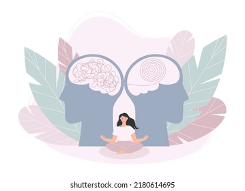 Mental health concept. Meditation mind healing. Meditating girl and two humans head silhouettes. Modern flat style vector illustration