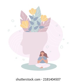 Mental health concept. Meditation mind healing. Meditating girl and humans head silhouette with flowers. Modern flat style vector illustration