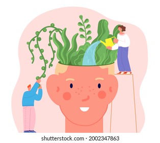 Mental health concept. Mind therapy, flowers in human head. People care about plants, positive thoughts and happiness utter vector metaphor