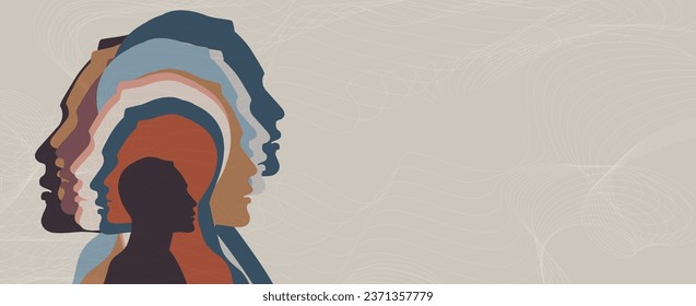 Mental health concept. Multiple overlapping heads silhouette.  Metaphor bipolar disorder mind mental. Split personality.Mood disorder.Psychology. Psychiatry.OurMindsMatter.Mental burnout