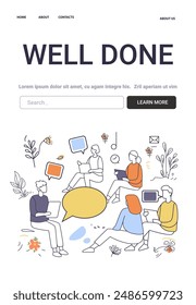Mental Health Concept people engaging in group discussion surrounded by chat bubbles and plants colorful minimalistic design website template