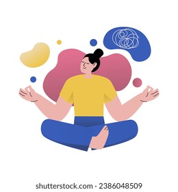 Mental health concept with people scene in the flat cartoon design. The girl takes care of her health, so she practices meditation. Vector illustration.