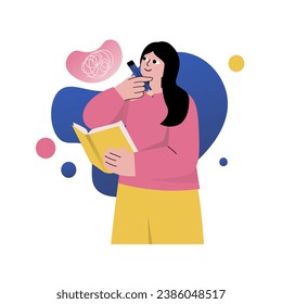 Mental health concept with people scene in the flat cartoon design. A woman engages in self-education and explores new areas of life. Vector illustration.
