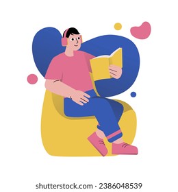 Mental health concept with people scene in the flat cartoon design. The guy is in a good mood, because he is reading his favorite book and balancing work and rest. Vector illustration.