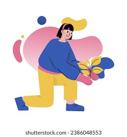 Mental health concept with people scene in the flat cartoon design. The girl decided to take a break from heavy thoughts and start planting flowers in the yard. Vector illustration.