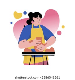 Mental health concept with people scene in the flat cartoon design. The girl is studying the technique of pottery, because it brings her pleasure. Vector illustration.