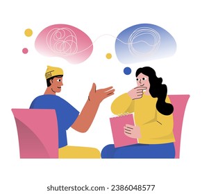 Mental health concept with people scene in the flat cartoon design. The boy is engaged in therapy with a psychologist, he wants to maintain psychological health in a normal way. Vector illustration.