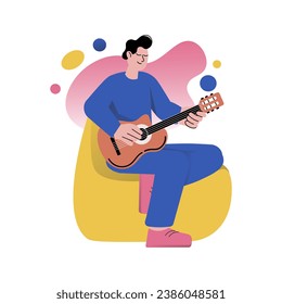 Mental health concept with people scene in the flat cartoon design. The guy plays the guitar because he enjoys it. Vector illustration.