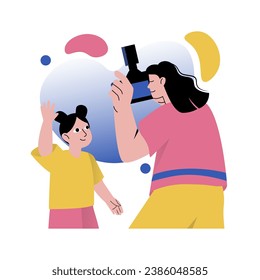 Mental health concept with people scene in the flat cartoon design. The woman is engaged in her favorite business - photography, and teaches her daughter to do it. Vector illustration.