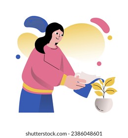 Mental health concept with people scene in the flat cartoon design. The woman is taking a break from work and decided to devote her time to plant care. Vector illustration.