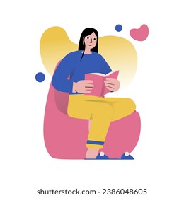 Mental health concept with people scene in the flat cartoon design. A girl reads an interesting book alone to relax and concentrate better. Vector illustration.