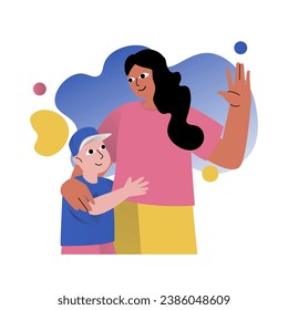 Mental health concept with people scene in the flat cartoon design. A young mother shows love for her son and thus shapes his psychological state. Vector illustration.