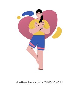 Mental health concept with people scene in the flat cartoon design. A girl devotes time to self-love and listens to her body. Vector illustration.