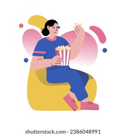 Mental health concept with people scene in the flat cartoon design. The girl came to the cinema to watch a new movie and relax. Vector illustration.