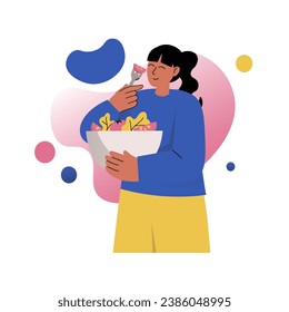Mental health concept with people scene in the flat cartoon design. The girl has prepared herself a delicious salad and is ready to rest. Vector illustration.