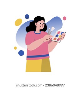 Mental health concept with people scene in the flat cartoon design. A young girl is going for a walk with friends, so she is doing make-up. Vector illustration.