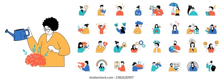 Mental health concept with people situations mega set in flat web design. Bundle scenes of psychotherapy and psychological support. Vector illustrations for social media banner, marketing material.