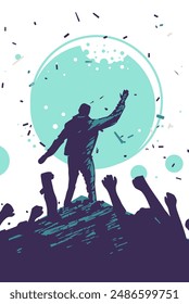 Mental Health Concept person standing on stage celebrating with raised hand surrounded by cheering crowd abstract background with teal circle confetti