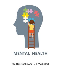 Mental health concept poster with little girl making puzzle in brain