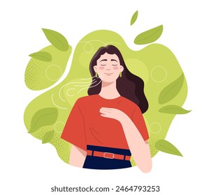 Mental health concept with pretty young woman. Young girl doing breathing exercise. care. Awareness, mindfulness and meditation. Flat vector illustration isolated on white background