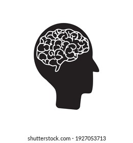 Mental Health Concept, Profile Head With Brain Icon Over White Background, Silhouette Style, Vector Illustration