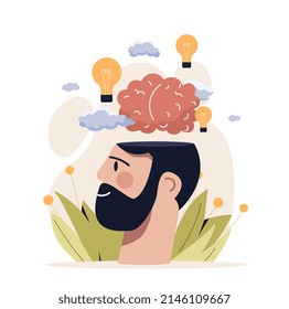 Mental health concept. Profile of young happy man with healthy brain, light bulbs and psychological stability. Positive male character. Creative smiling guy. Cartoon flat vector illustration